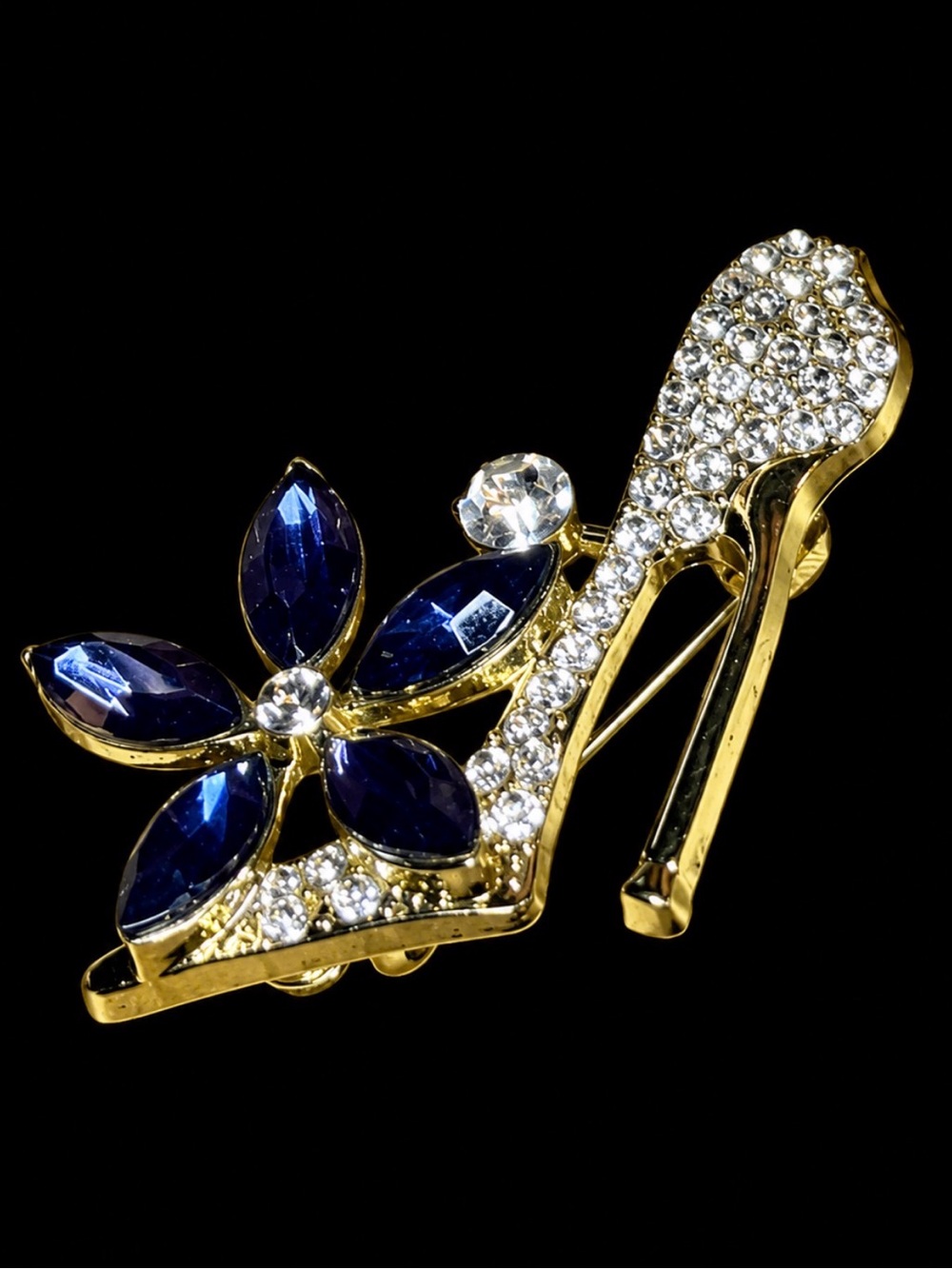 Crystal and Navy Flower High-Heel Brooch - Elegant Women’s Jewelry